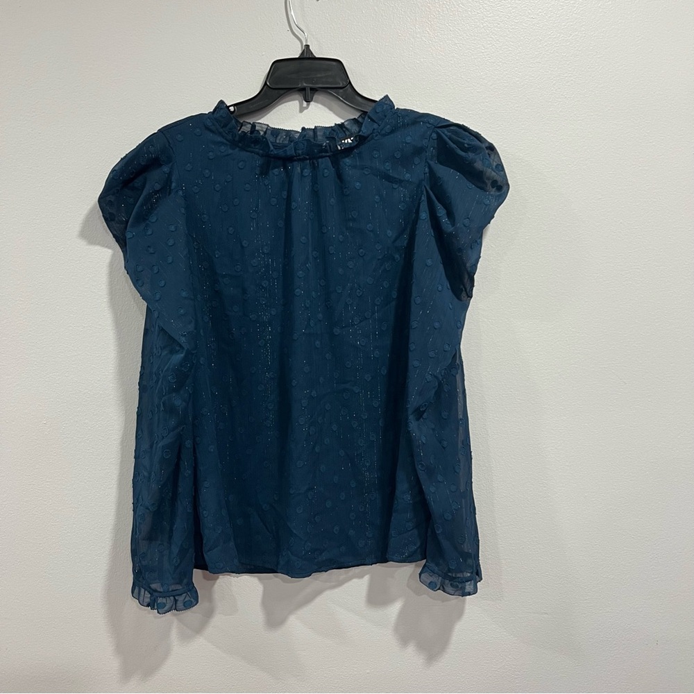 DKNY Textured Polka Dot Ruffled Neckline & Cuffs Blue Women's Top